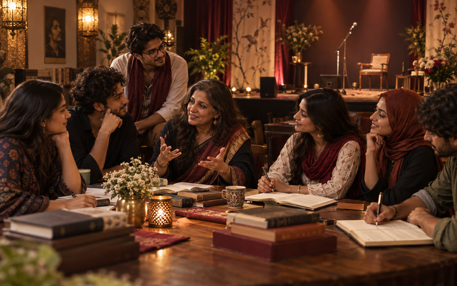 A mentor guiding emerging poets in a literary workshop